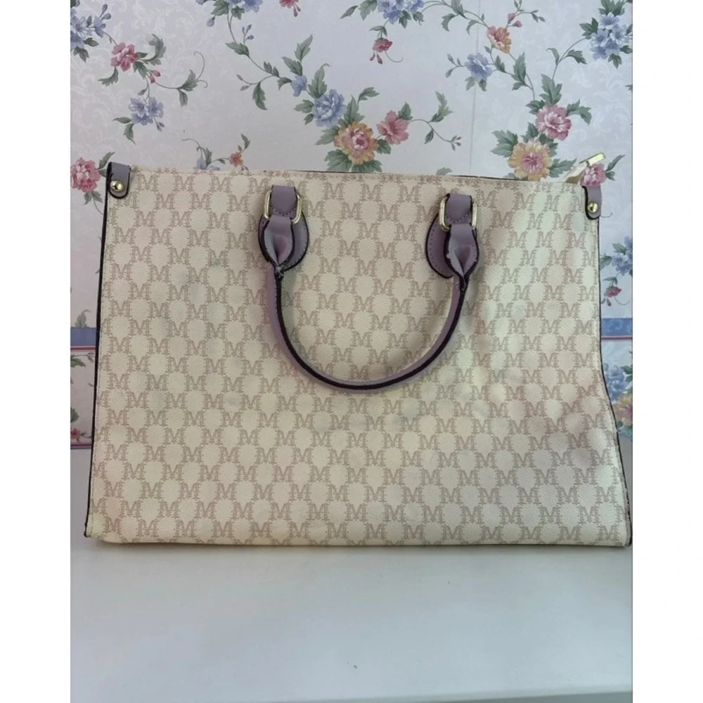 Mia K Farrow Collection Monogram Tote Bag Cream Lavender Purple Tan M Logo Large
